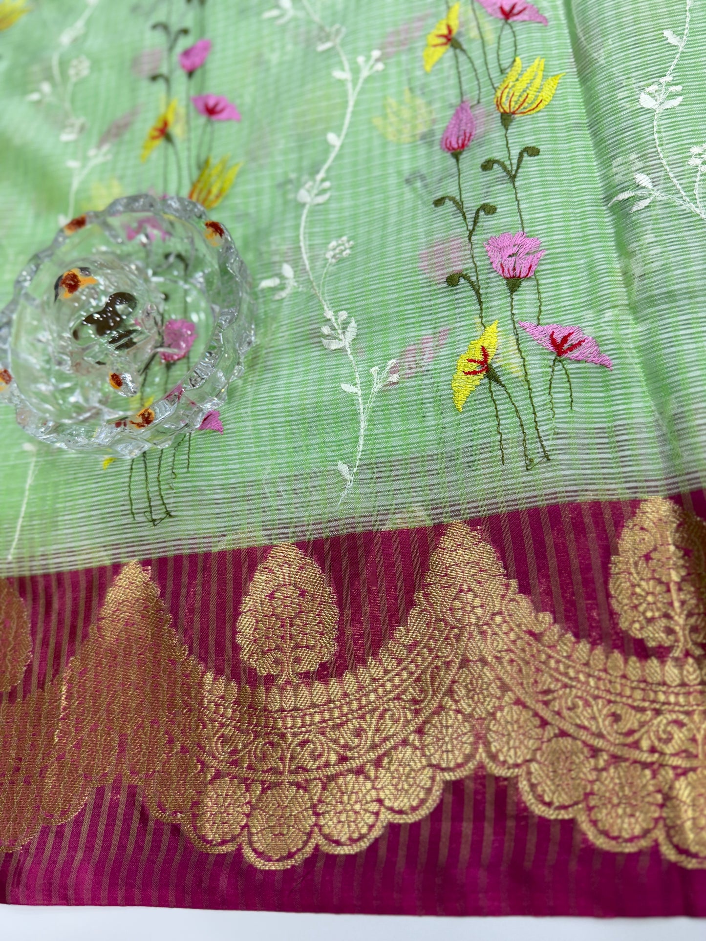 Banarasi handloom Kota check saree with mina embroidery, scalloped border and zari chit pallu