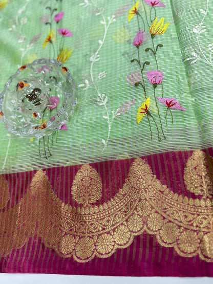 Banarasi handloom Kota check saree with mina embroidery, scalloped border and zari chit pallu