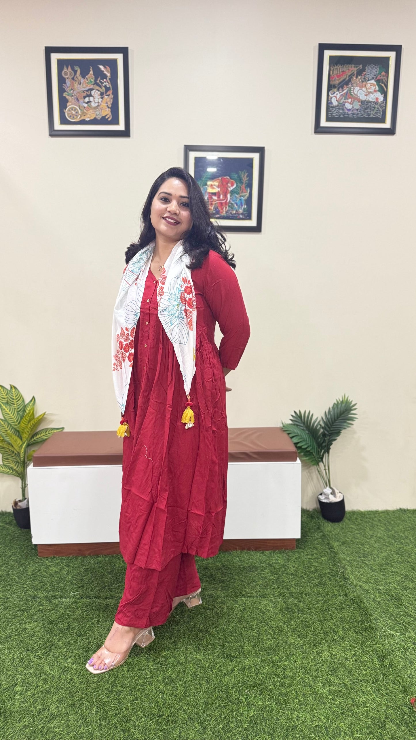 Rayon Solid Kurta Palazzo Scarf Set for Women | Maroon Flared Kurti with Pant and Printed Dupatta