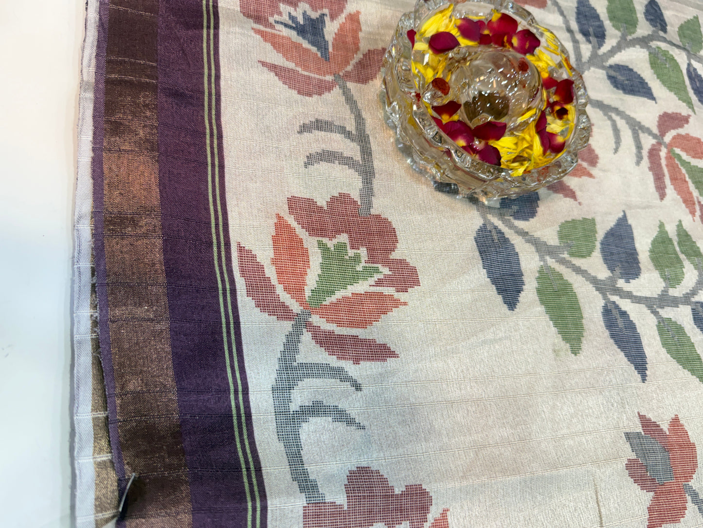 Raw tussar silk saree with smart floral design and soft marmo finish, printed border saree