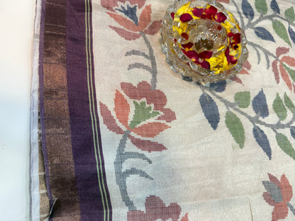 Raw tussar silk saree with smart floral design and soft marmo finish, printed border saree