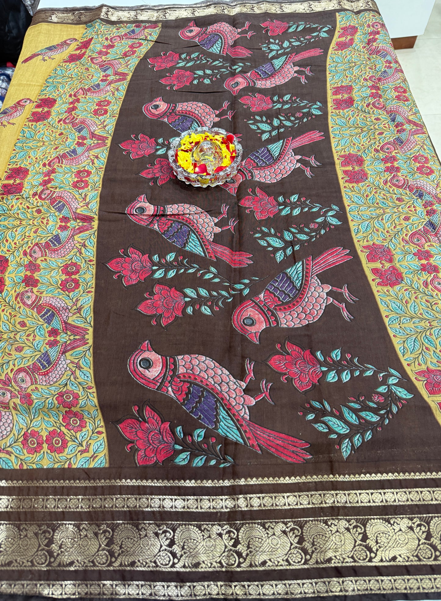 Venkatagiri style silk-blend printed saree with bird motifs and zari-style border, 6.3m women’s festive saree