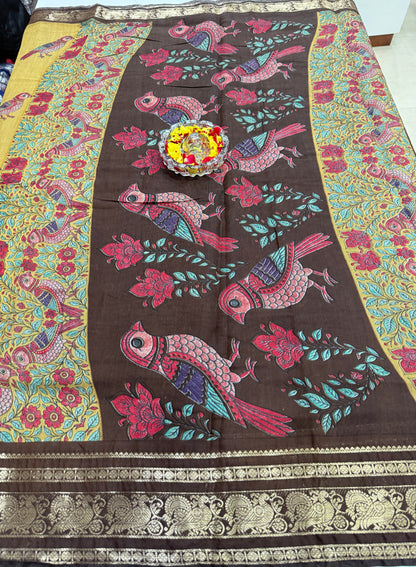 Venkatagiri style silk-blend printed saree with bird motifs and zari-style border, 6.3m women’s festive saree