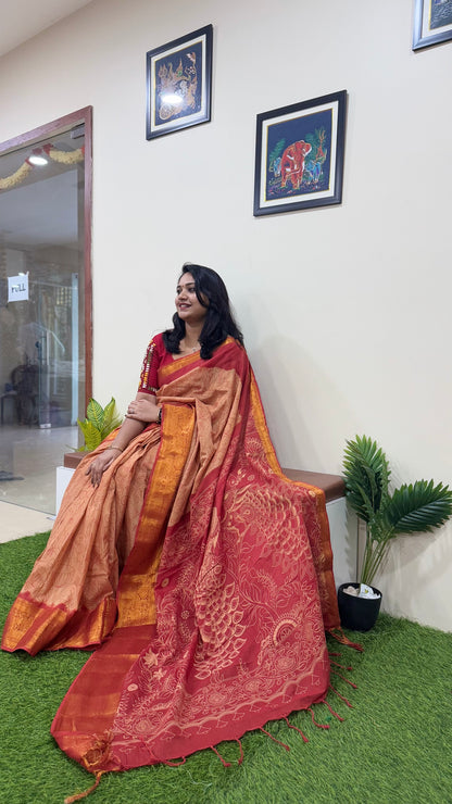 Chennuri Pure Silk Saree with Outline Kalamkari Design and Traditional Kanchi Borders