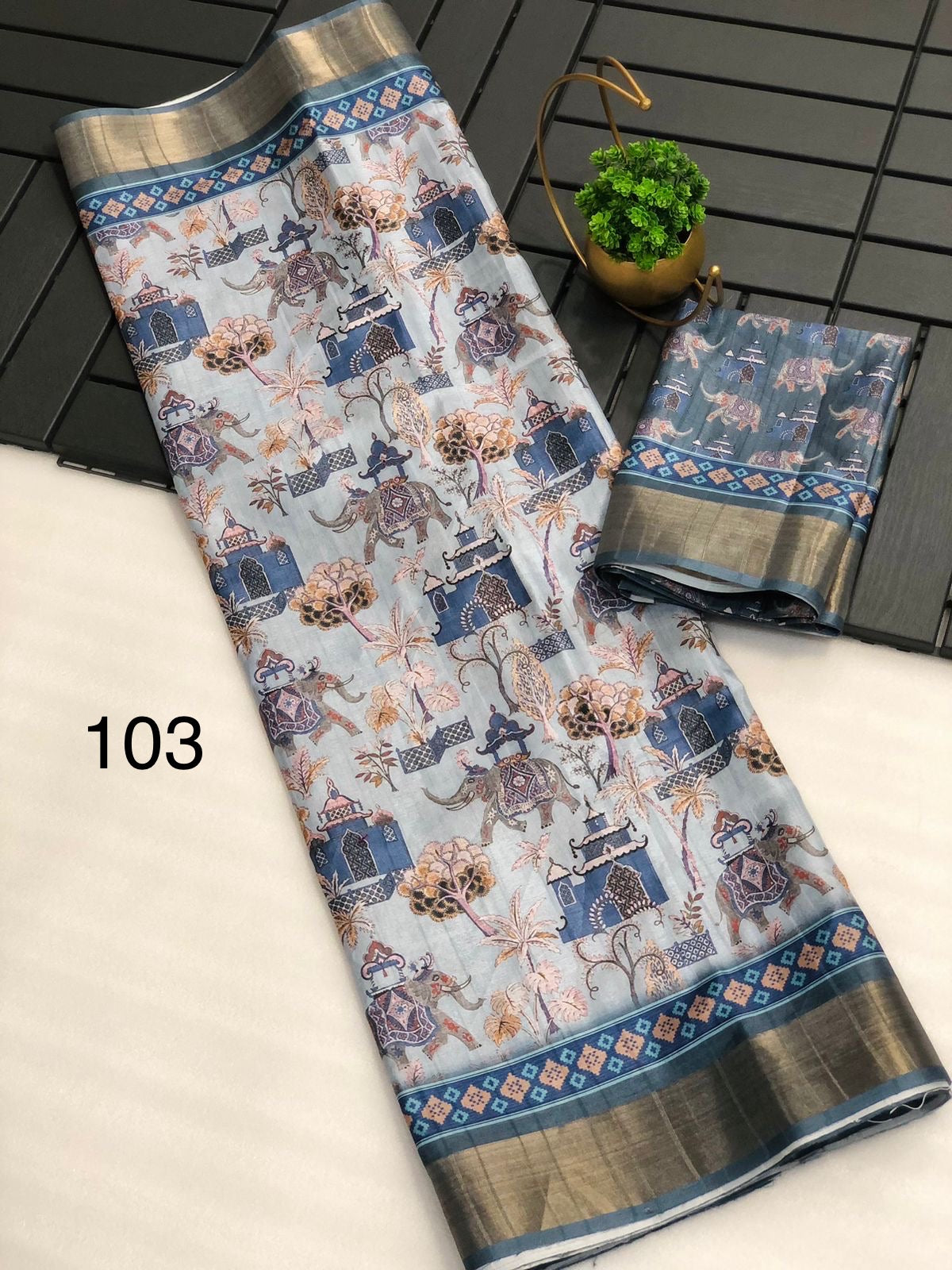 Mangalgiri Saree for Women with Kalamkari Print, Zari Weaving Border, Digital Pallu and Contrast Blouse Piece