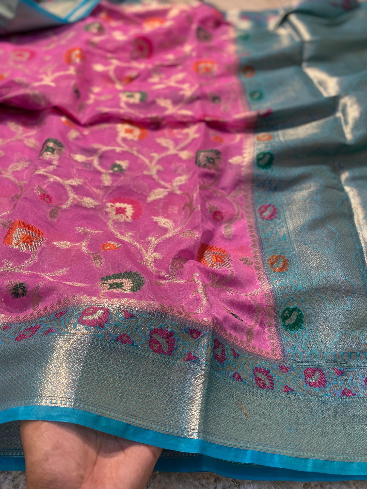 Banarasi Meenakari Georgette Silk Saree with Multi-Color Floral Weaving and Meena Border Blouse