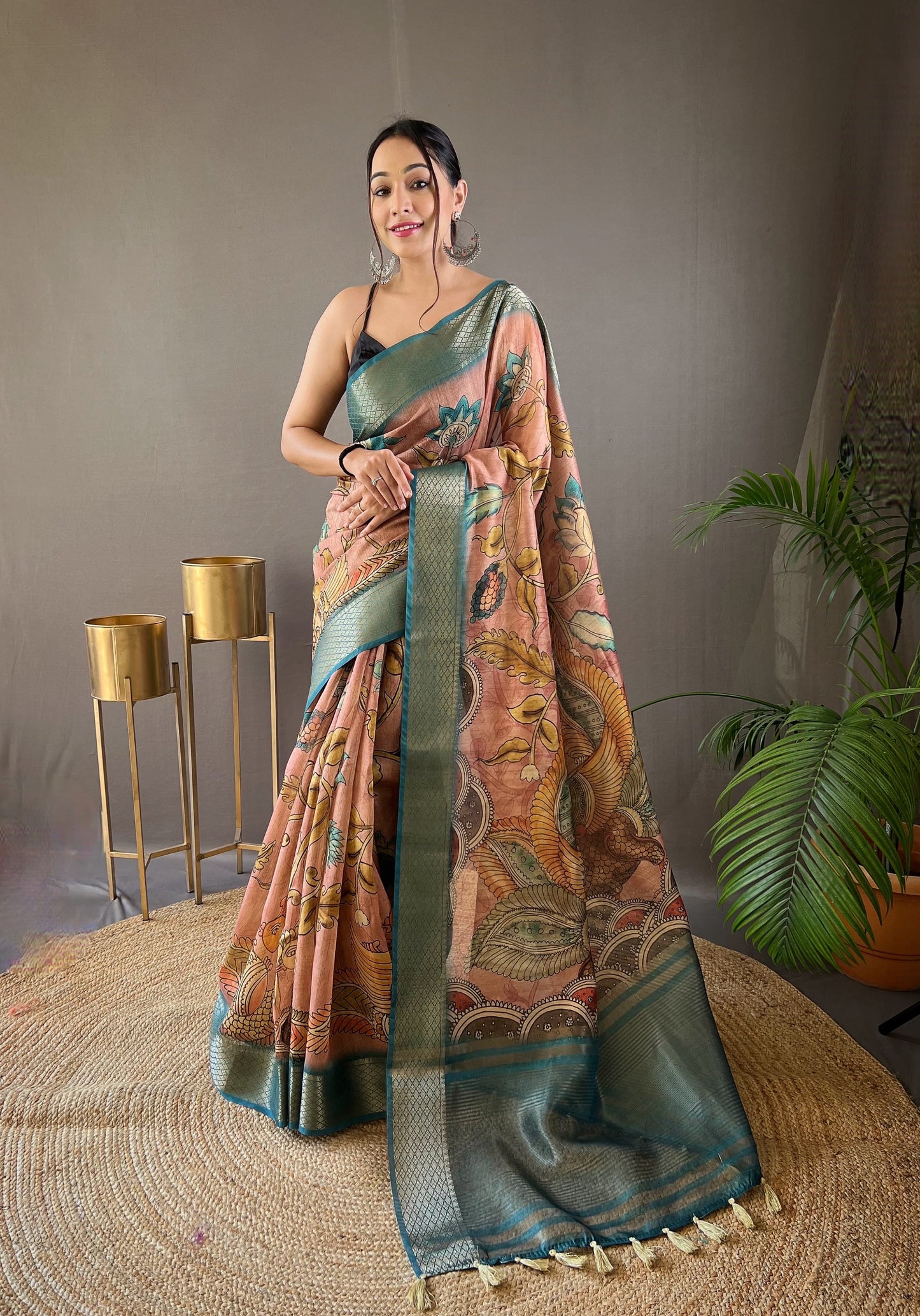 Tussar Silk Saree with Hand-Painted Style Kalamkari Print, Zari Border, and Contrast Blouse