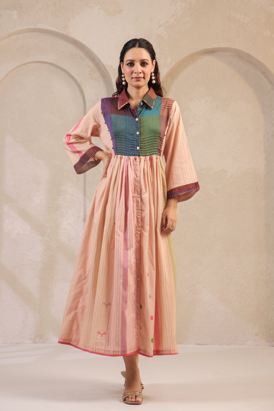 Pastel Panelled Cotton Dress with Checkered Yoke and Hand-Embroidered Motifs – Women’s Full Sleeve Casual Wear