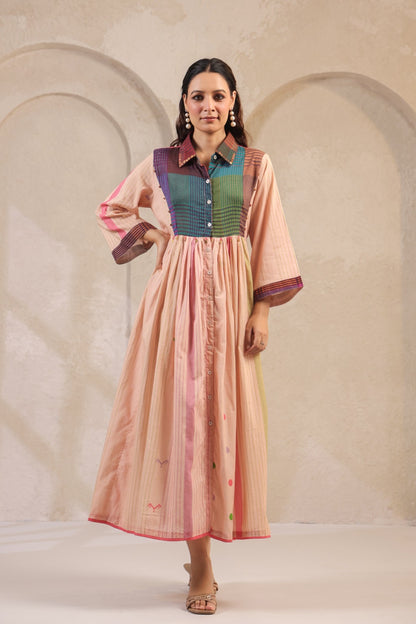 Pastel Panelled Cotton Dress with Checkered Yoke and Hand-Embroidered Motifs – Women’s Full Sleeve Casual Wear