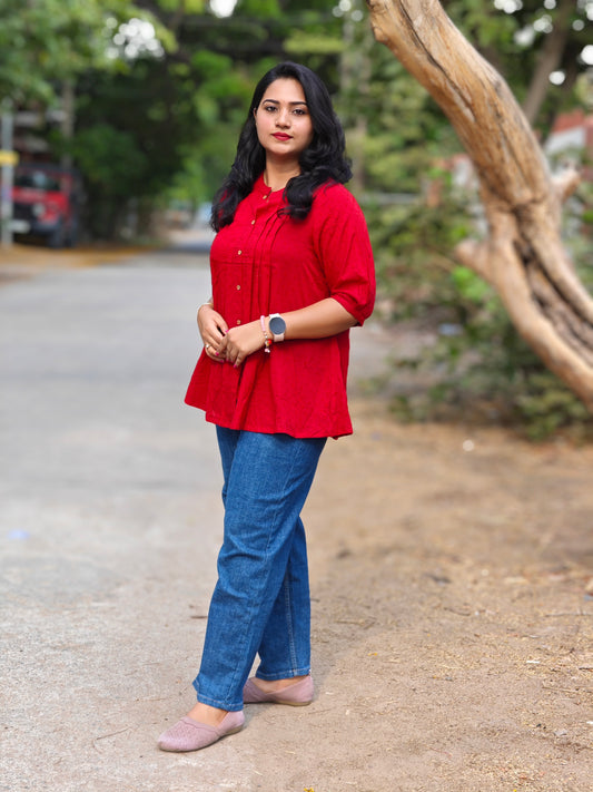 Women’s Red Dobby Cotton Short Top with Button Front – Casual & Office Wear