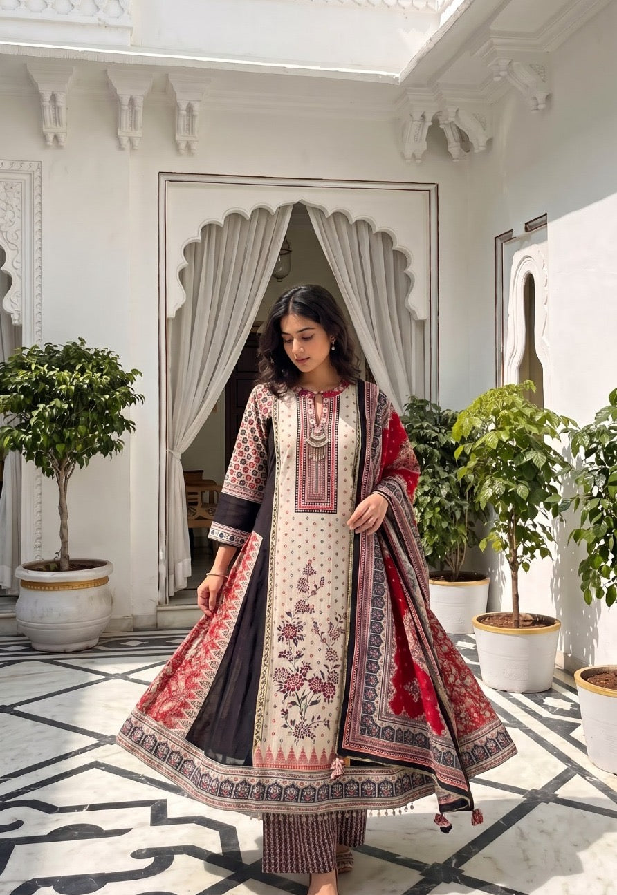 Georgette Muslin Kalidar Kurta Pant Dupatta Set for Women with Neckpiece, Black Red