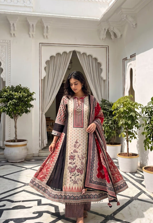 Georgette Muslin Kalidar Kurta Pant Dupatta Set for Women with Neckpiece, Black Red