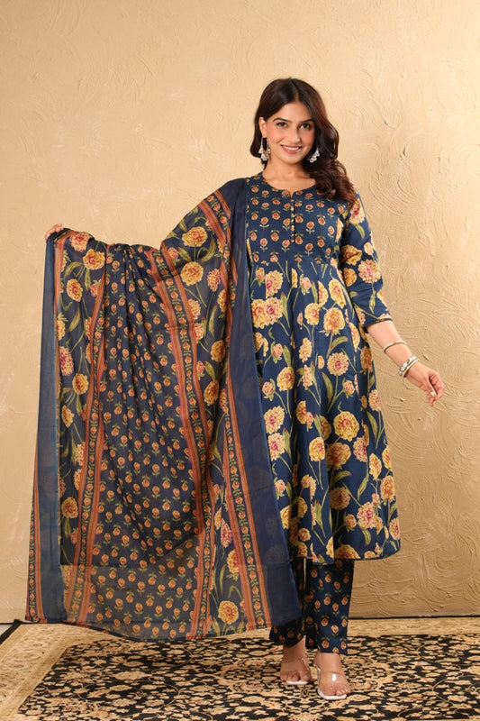 Cotton Anarkali Kurta Pant Dupatta Set with Detailing Work – M to 3XL