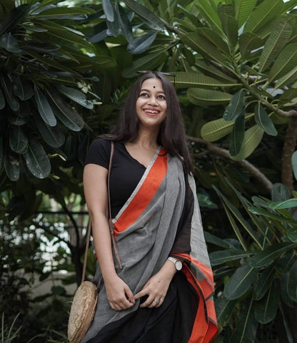 Charcoal Cotton Blend Textured Weave Saree with Matching Blouse Piece for Women