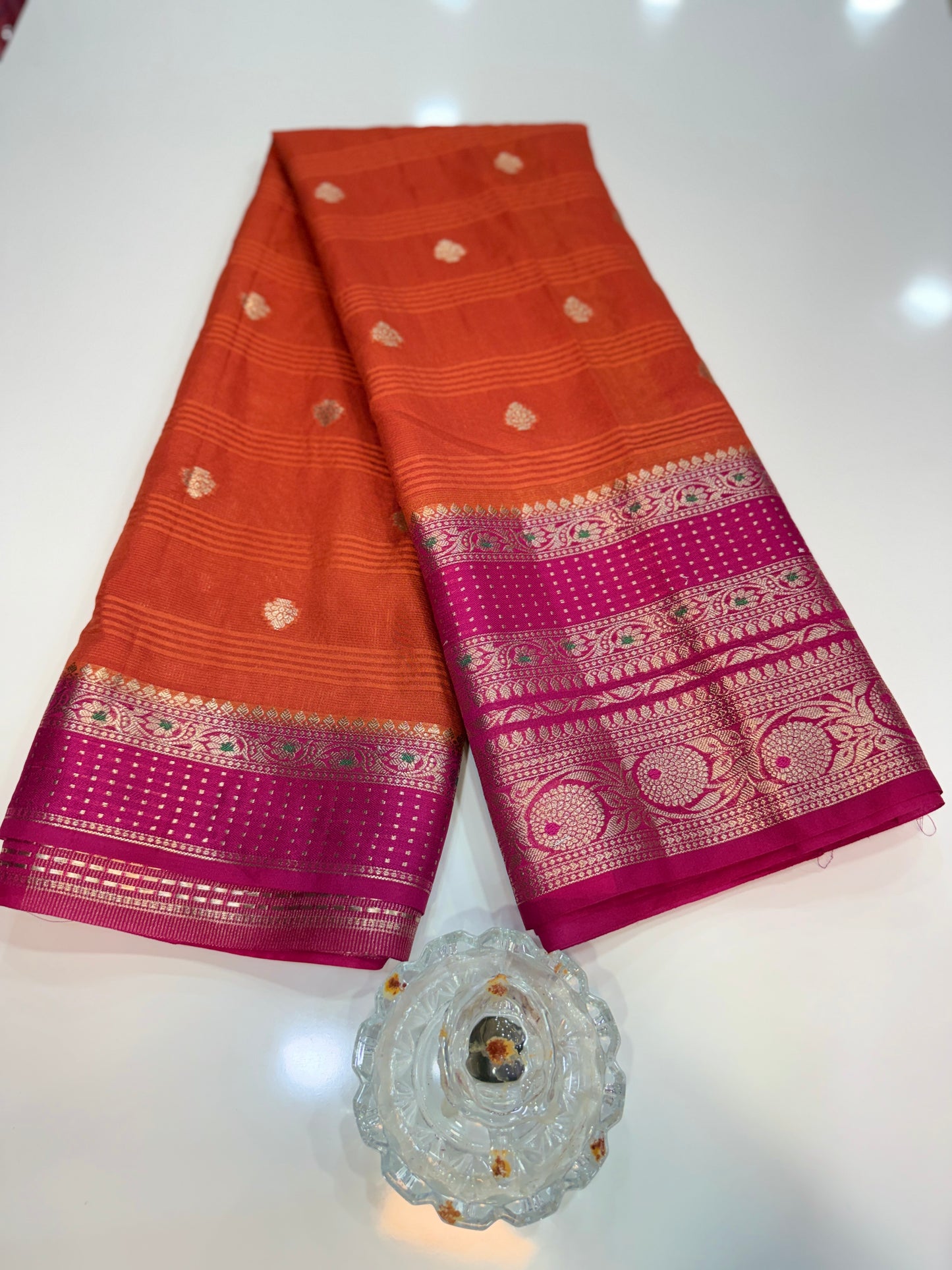 Banarasi semi georgette silk saree with gold zari weaving, meenakari big border and buti design for women