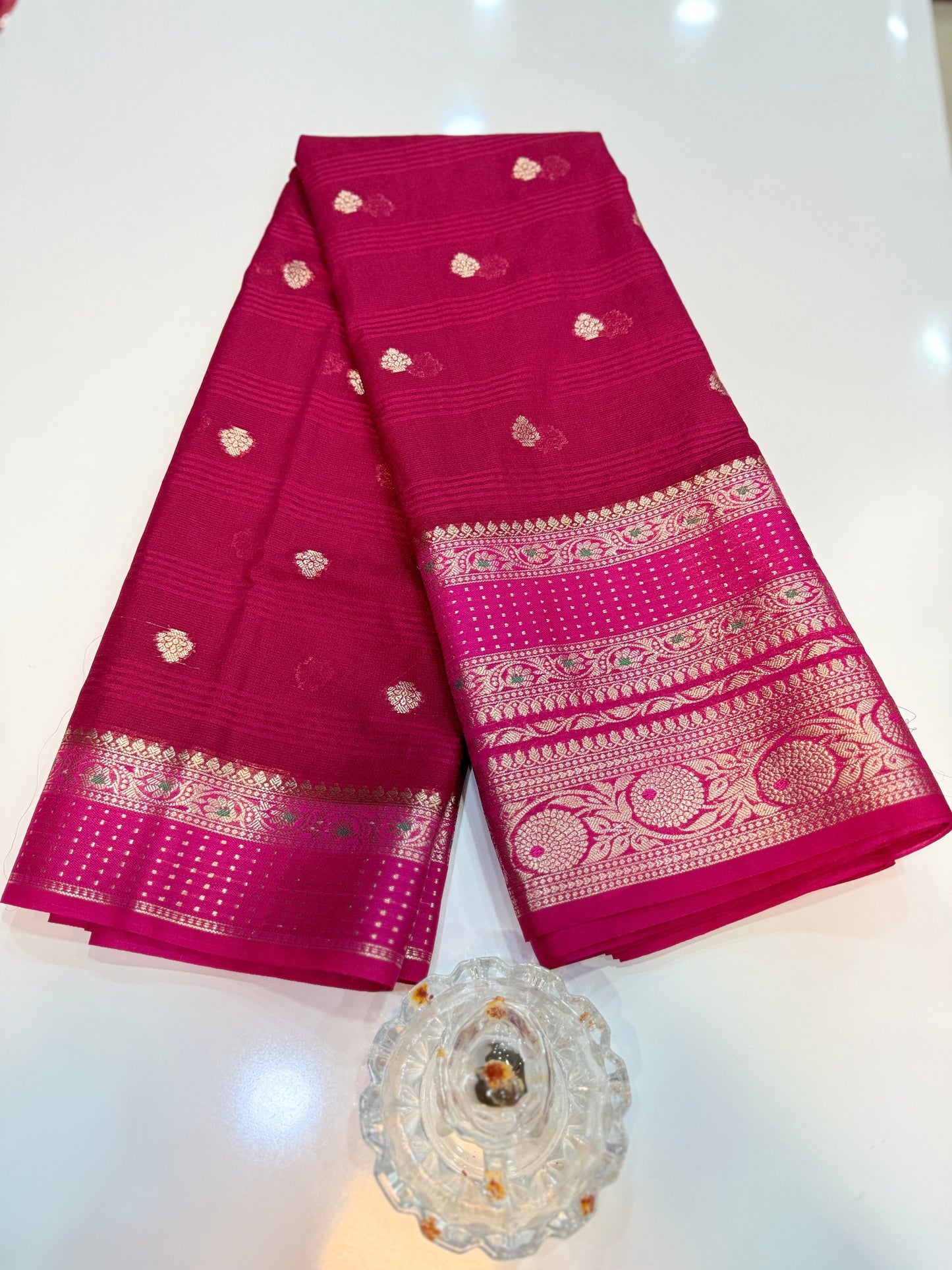 Banarasi semi georgette silk saree with gold zari weaving, meenakari big border and buti design for women