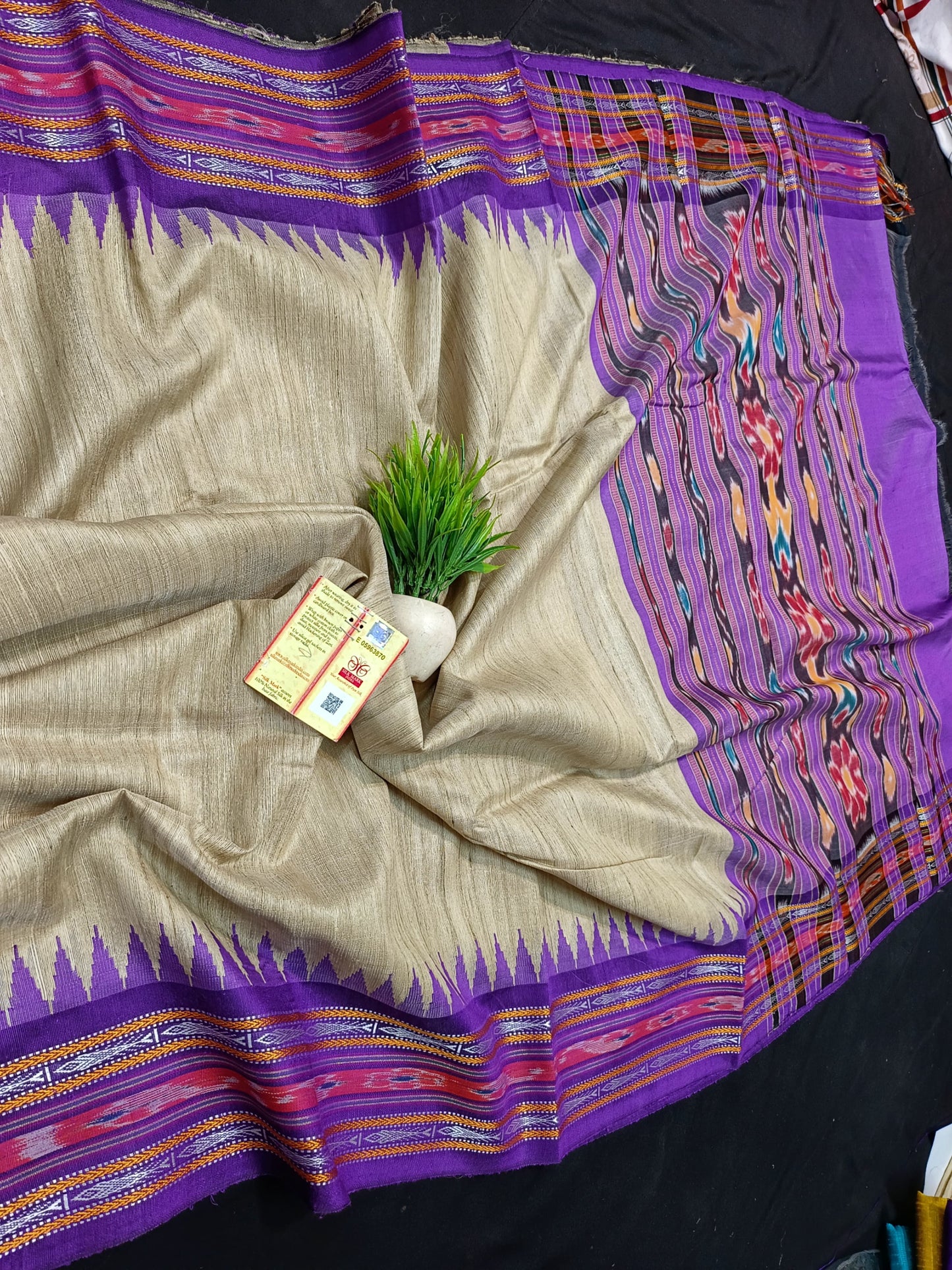 Pure Tussar Silk Saree with Ikkat Weaving and Vidarbha Temple Border – Silk Mark Certified