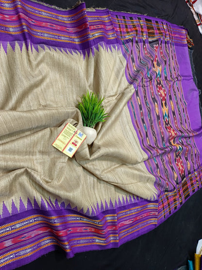 Pure Tussar Silk Saree with Ikkat Weaving and Vidarbha Temple Border – Silk Mark Certified