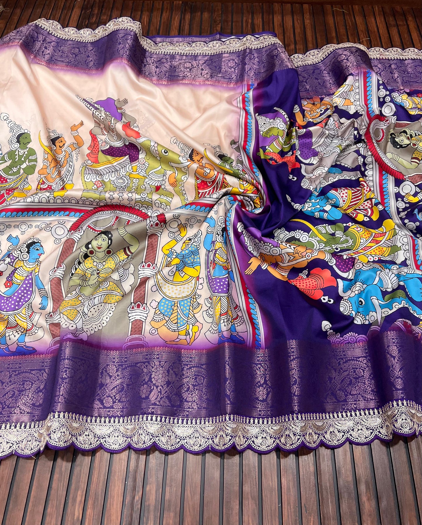 Dola Lichi Soft Silk Saree with Jacquard Jari Weaving, Pichwai Kalamkari Print and Sequins Lace Border