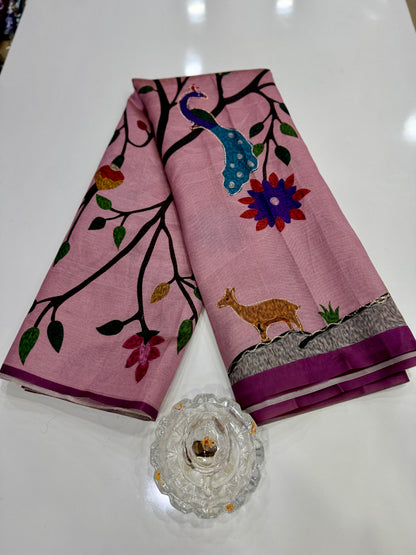 Assam silk saree for women with aari embroidery and paithani motifs, festive wear saree with blouse