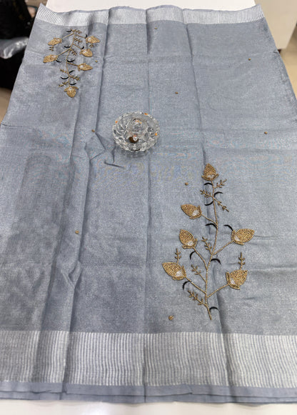 Pure Tissue 150 Count Linen Handloom Saree with Handwork and Running Blouse for Women