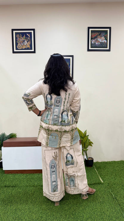 Women's Mughal Print Flex Cotton Co-ord Set with Button-Down Shirt and Flared Palazzo