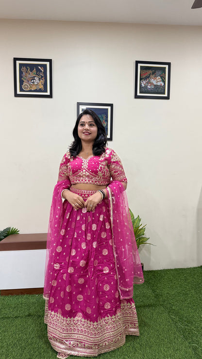 Viscose Jacquard Silk Embroidered Lehenga Choli with Dupatta for Women – Free Size Stitched