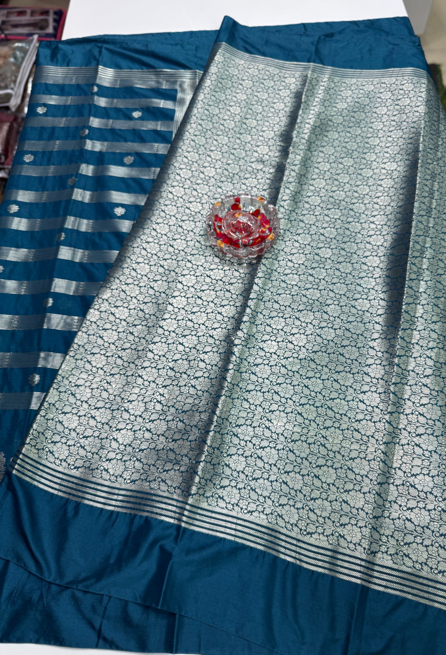 Banarasi Semi Katan Silk Saree with Meenakari Satin Border and Gold Zari Weaving – Traditional Festive Saree for Women