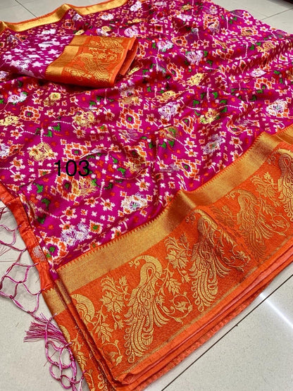 Semi Raw Silk Jacquard Saree with Silver and Gold Zari Butti Weaving – Contrast Ikkat Blouse