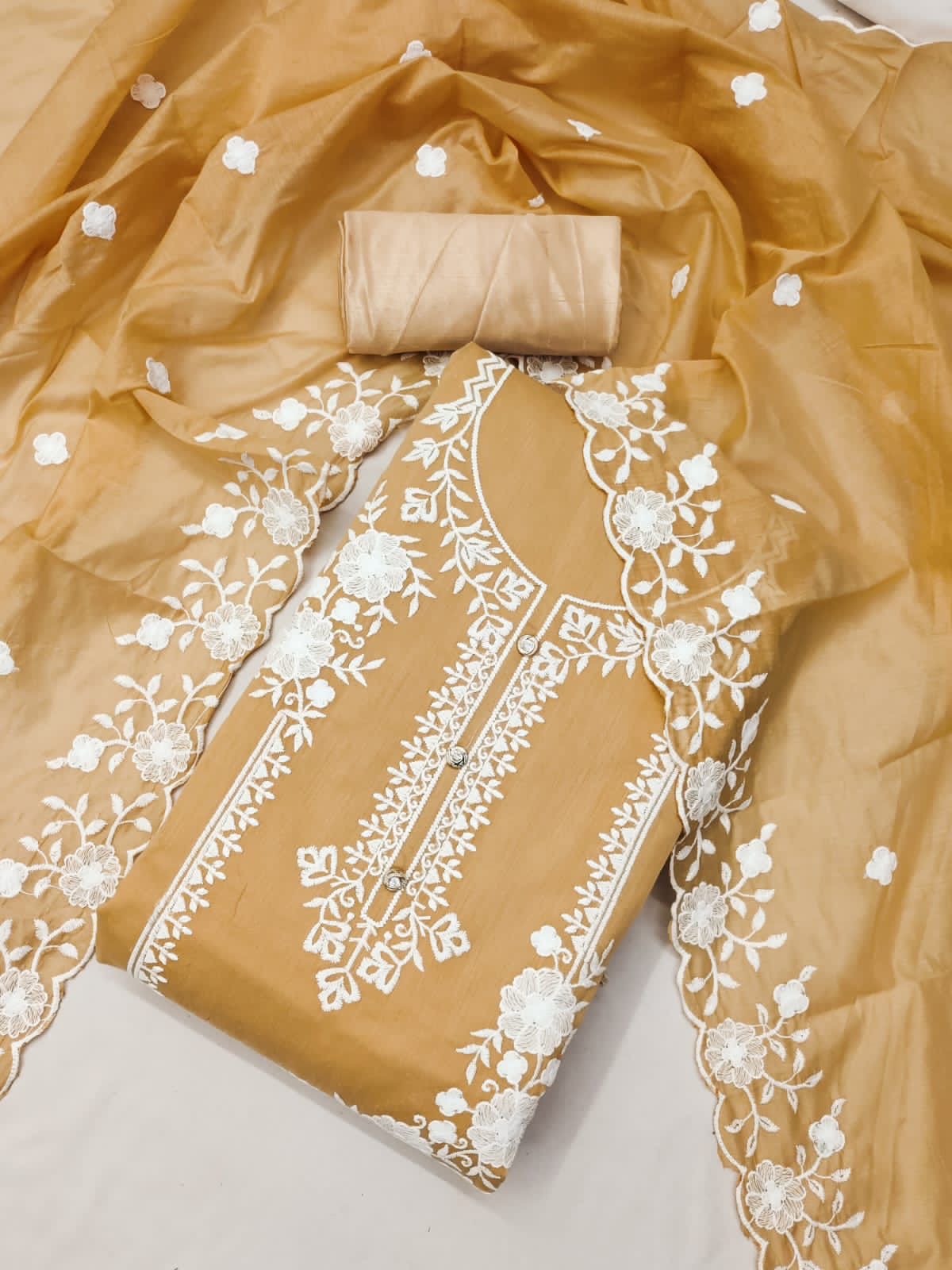 Unstitched Modal Embroidered Dress Material with Santoon Inner & Bottom and Chanderi Embroidered Dupatta