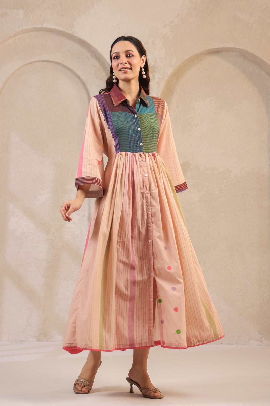 Pastel Panelled Cotton Dress with Checkered Yoke and Hand-Embroidered Motifs – Women’s Full Sleeve Casual Wear