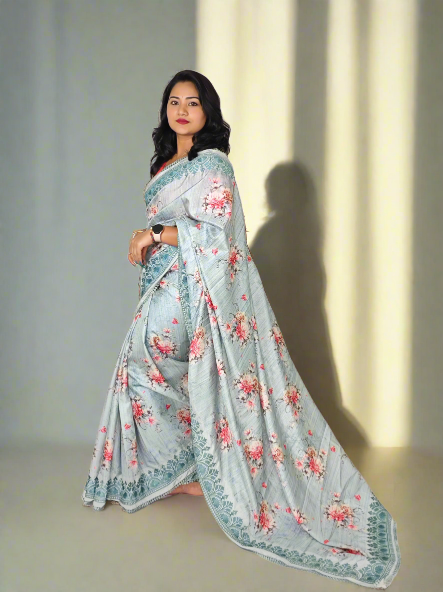 Handloom Tussar Silk Digital Print Saree with Embroidery, Lace Border, and Contrast Blouse