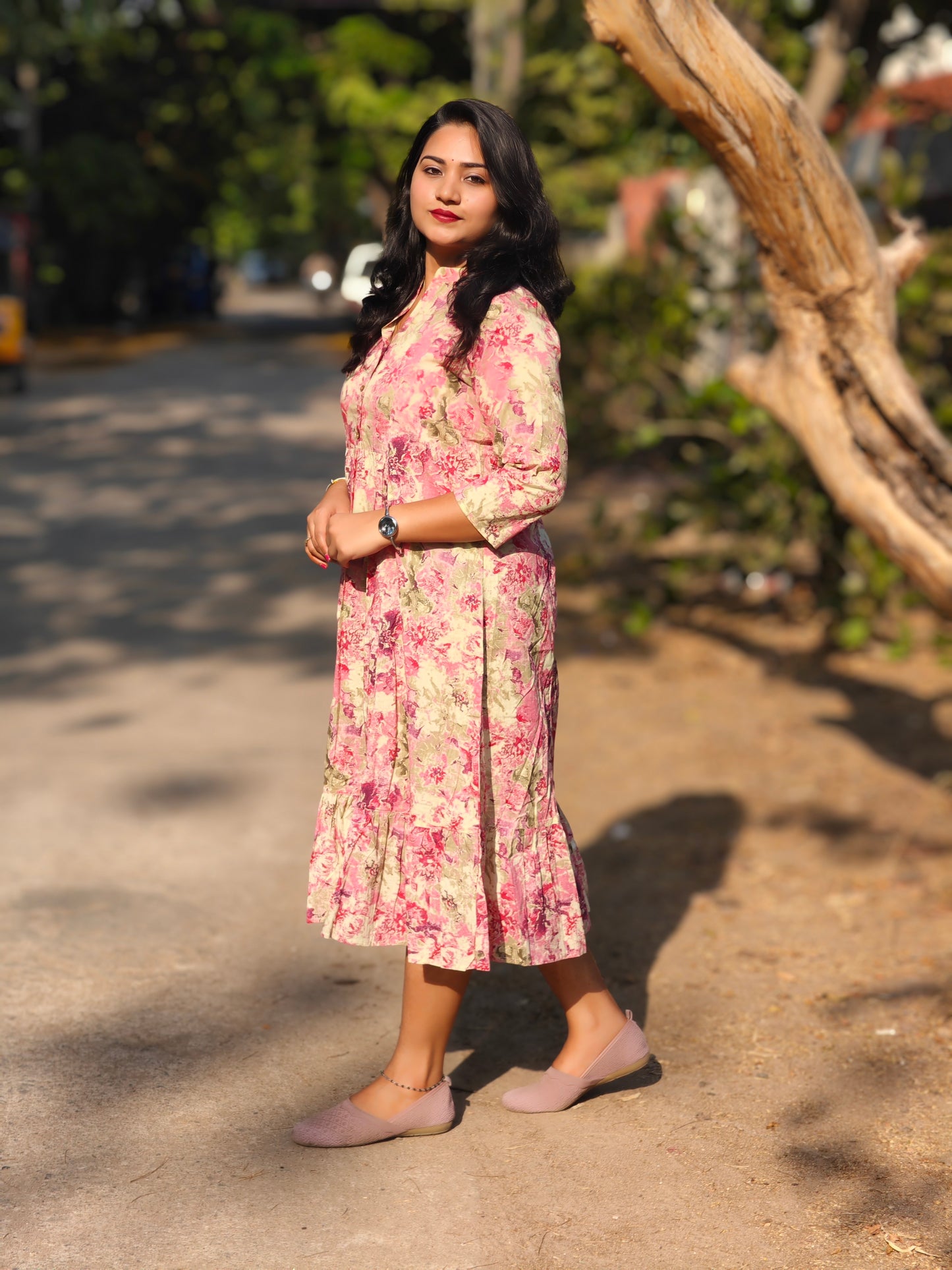 Pink Cotton Abstract Print Gathered Dress for Women – Sizes M to XL