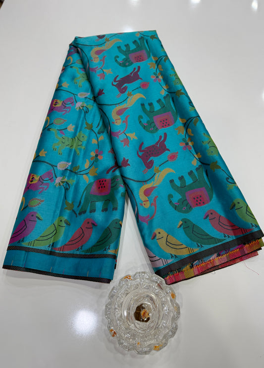 Soft silk printed saree with multicolour ethnic motifs and contrast blouse piece