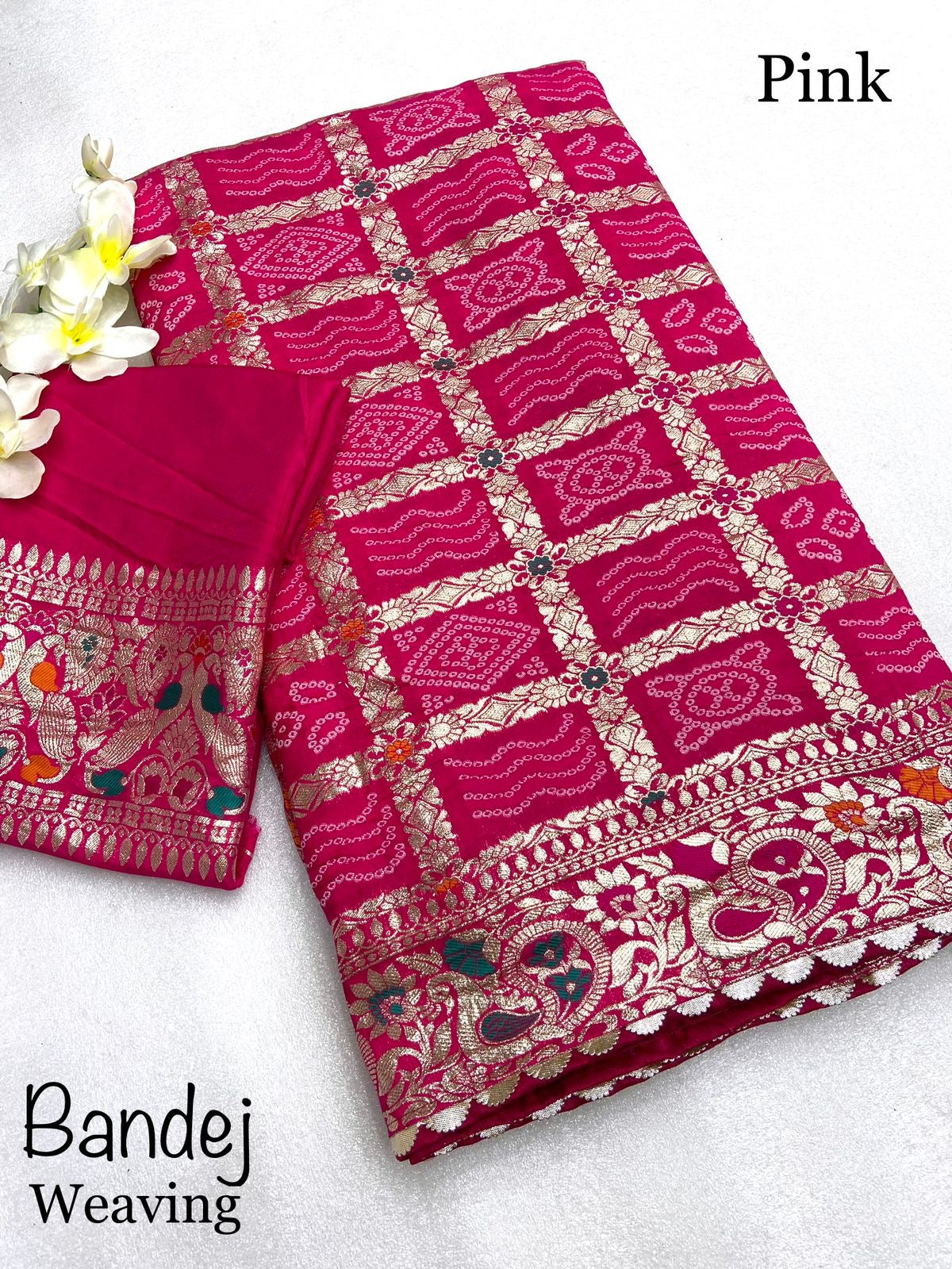 Viscose Silk Bandej Saree with Meenakari Weaving, Heavy Pallu and Lace Border – Festive Wear