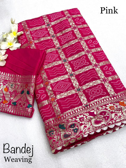 Viscose Silk Bandej Saree with Meenakari Weaving, Heavy Pallu and Lace Border – Festive Wear