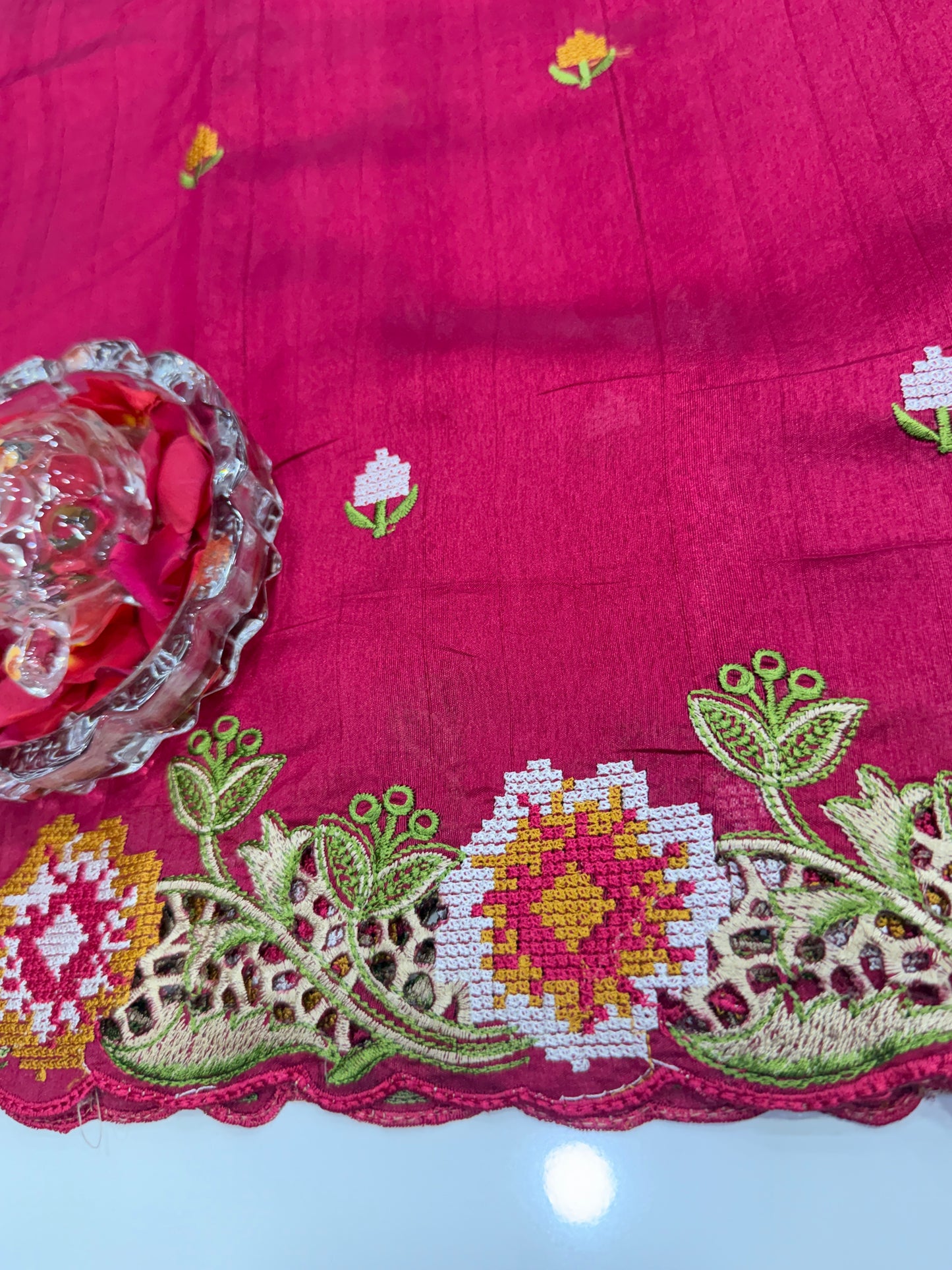 Matka Silk Saree with Embroidered Buttis, Cutwork Big Pallu, and All-Over Cutwork Panel