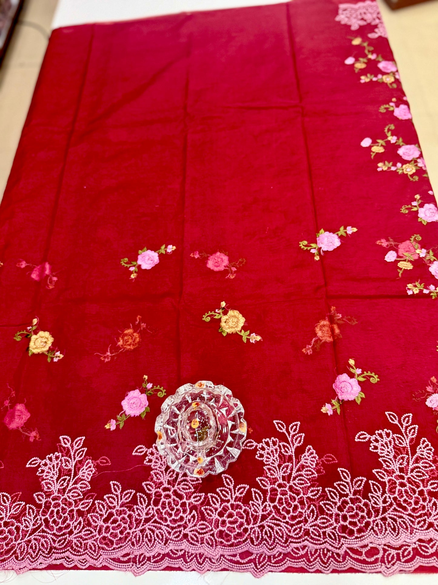 Kora Banarasi Saree with Floral Embroidery and Woven Border – Lightweight Festive Wear