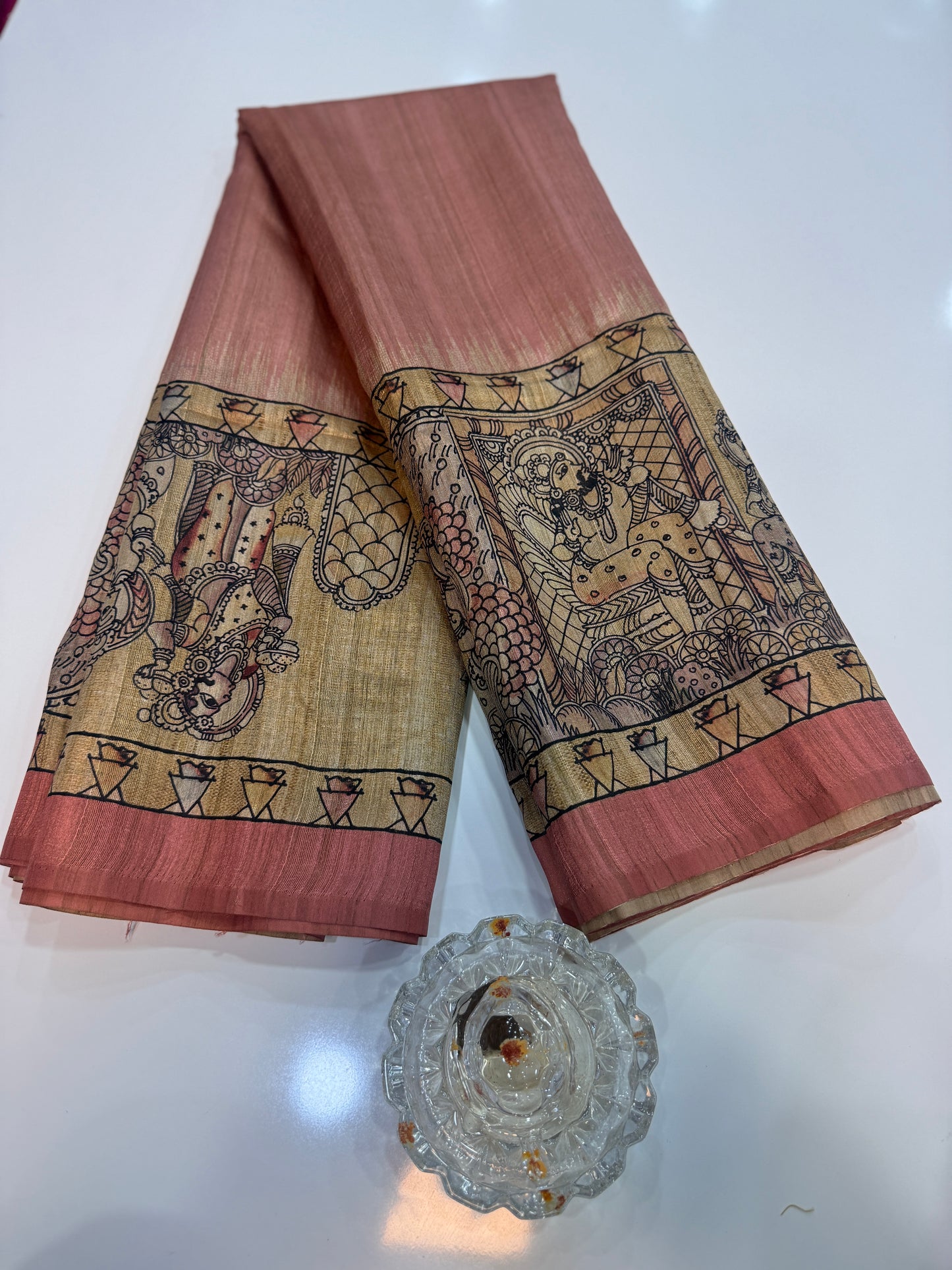 Spider Silk Saree with Folk Art Print Border and Tassel Pallu