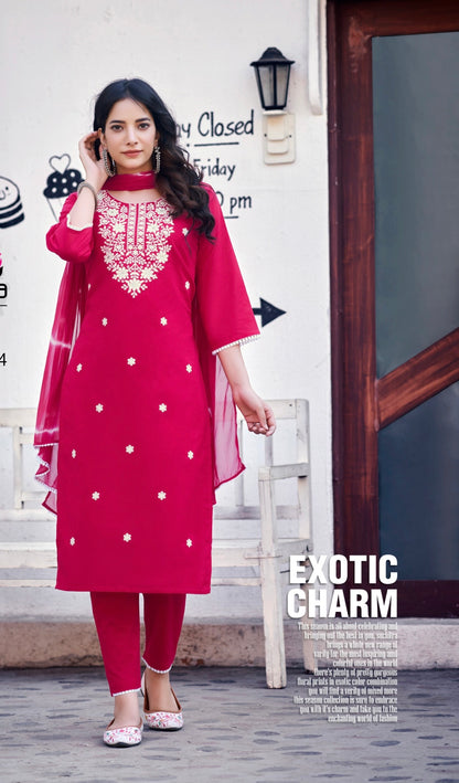 Pure Cotton Kurti Pant Set with Dupatta & Embroidery Work – Sizes L to 3XL