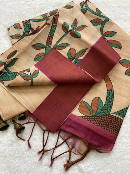 Soft Tussar Silk Printed Saree with Contrast Blouse, Tassels, and Designer Pallu