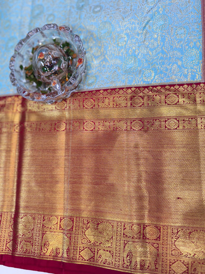 Korvai Pure Silk Handloom Saree in Sky Blue with Red Border and Gold Zari Weaving – Bridal & Festive Wear
