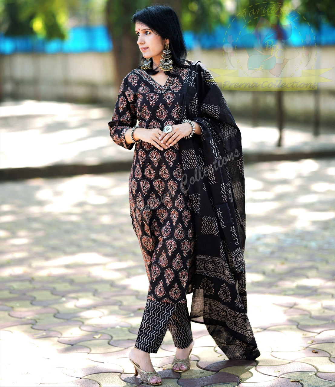 Ajrakh Hand-Printed Pure Cotton Kurti Pant Dupatta Set for Women