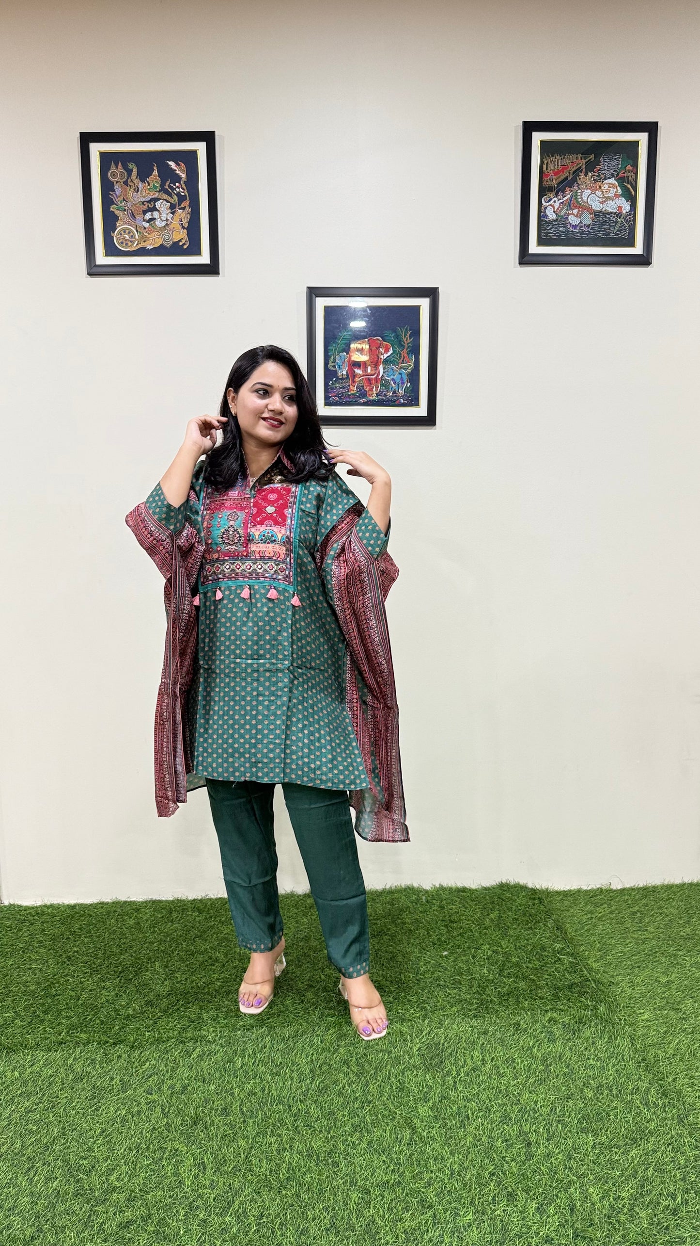 Designer Muslin Digital Print Western Fusion Kurti Pant Set with Mirror and Bead Handwork