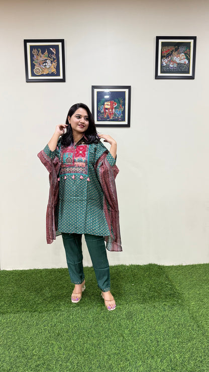 Designer Muslin Digital Print Western Fusion Kurti Pant Set with Mirror and Bead Handwork