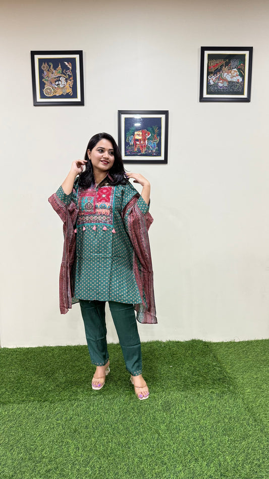 Designer Muslin Digital Print Western Fusion Kurti Pant Set with Mirror and Bead Handwork