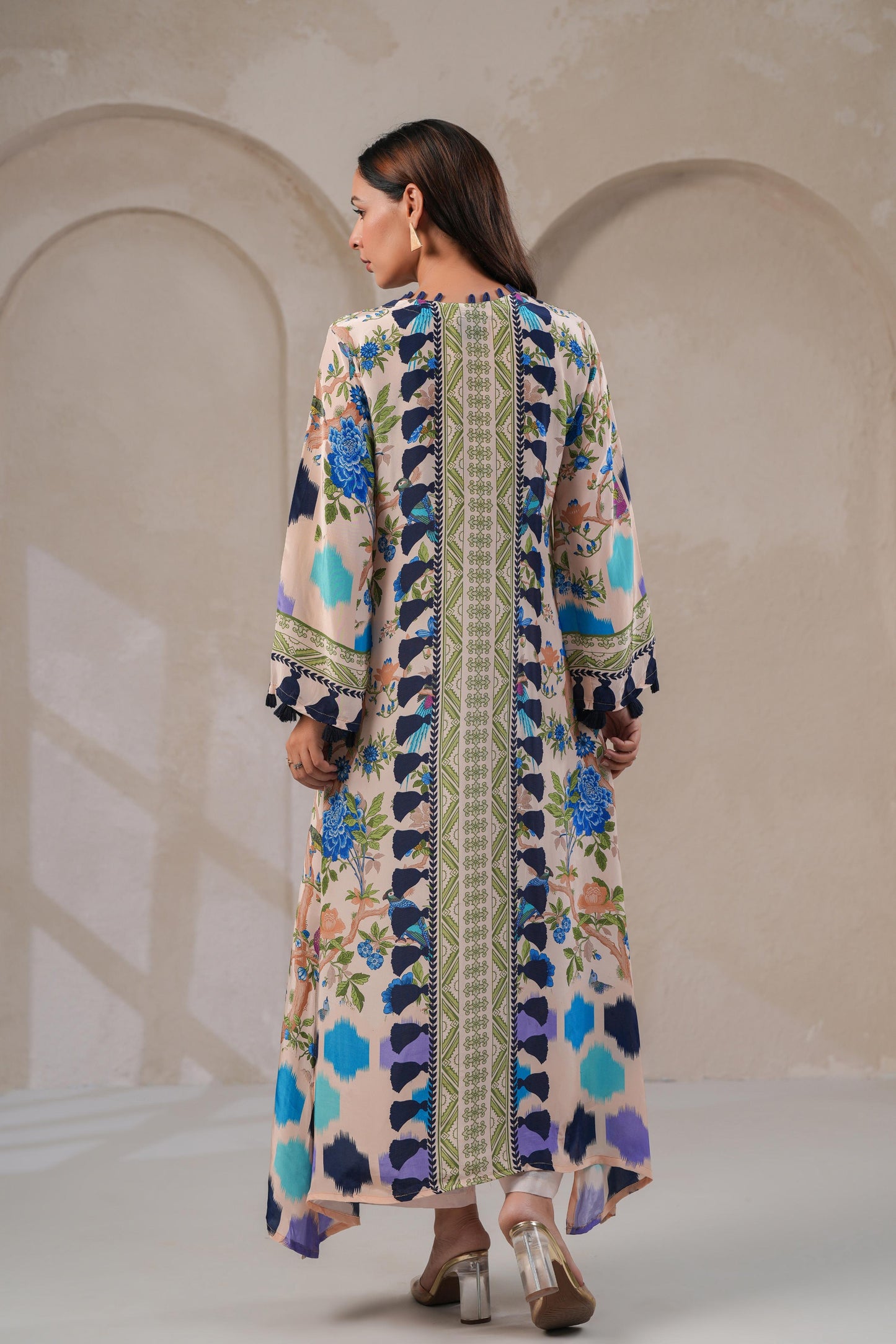 Digital Print Crepe Kurta Pant Set for Women with Tassel Detailing and Shantoon Bottom