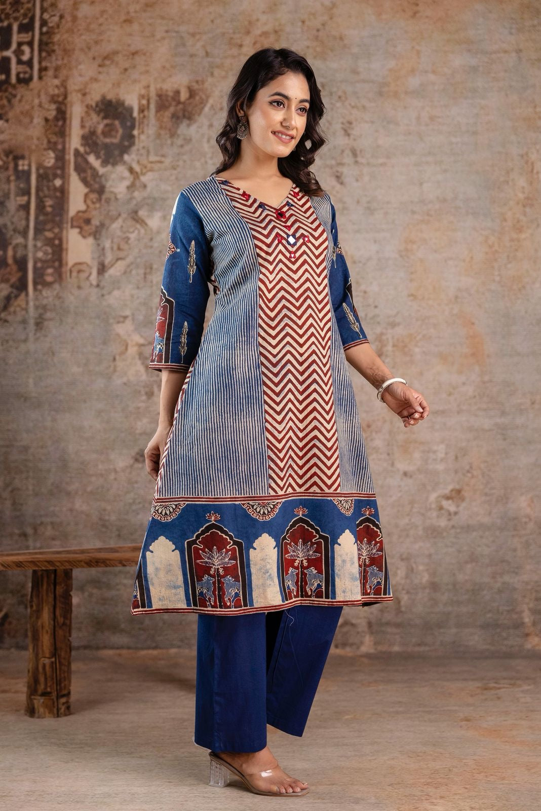 Jaipuri Cotton Kurti Pant Set for Women with Chevron Print and Mughal Border – Sizes 38 to 46