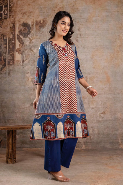 Jaipuri Cotton Kurti Pant Set for Women with Chevron Print and Mughal Border – Sizes 38 to 46