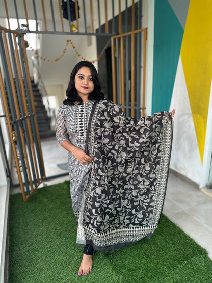 Women’s Chanderi Geometric Print Suit Set with Kantha and Sequence Work, Cotton Pants and Dupatta – Black